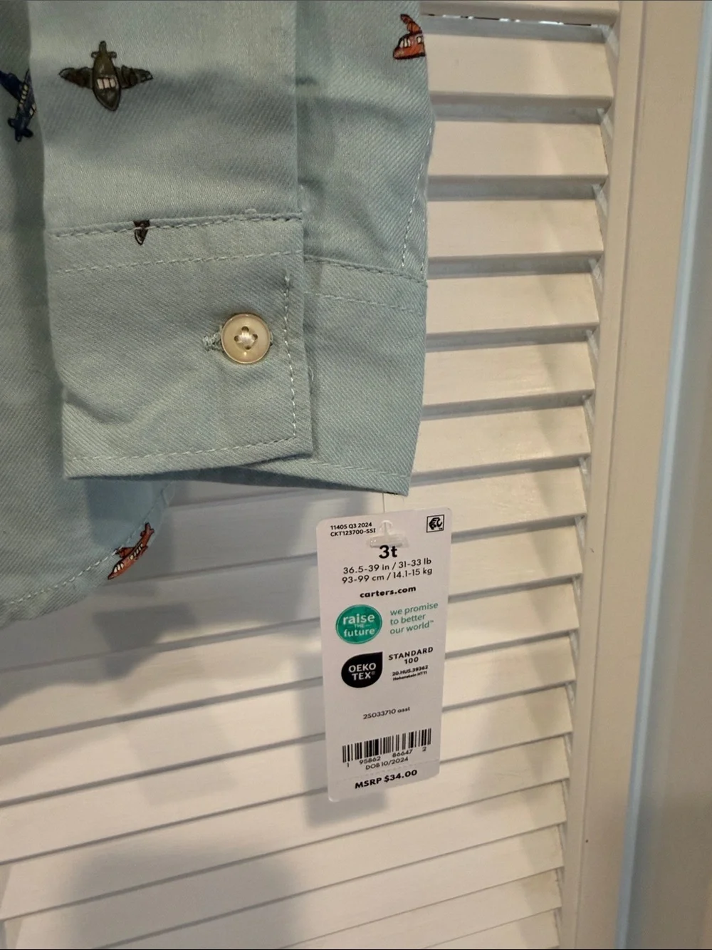 NWT Carter's Boys 3T Light Blue Button-Down Shirt with Airplane Print